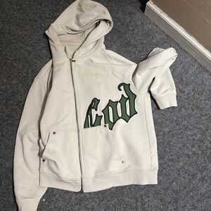 Men's Cream Zip-Up Sweater with Green Accents